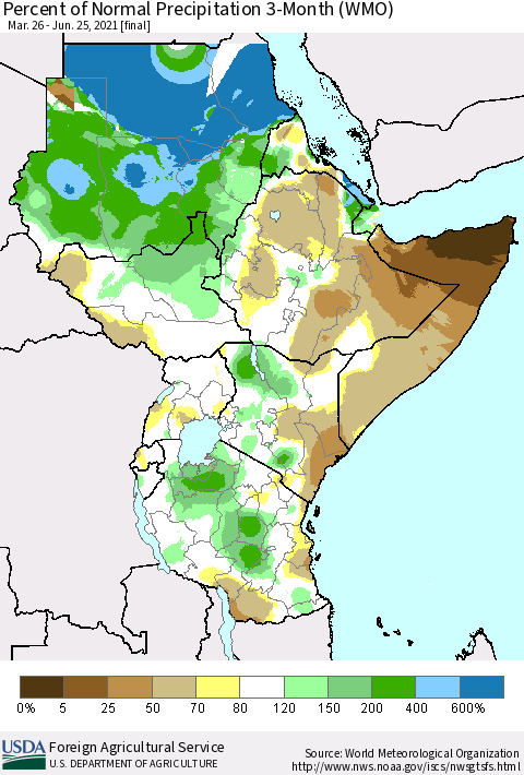 Eastern Africa Percent of Normal Precipitation 3-Month (WMO) Thematic Map For 3/26/2021 - 6/25/2021