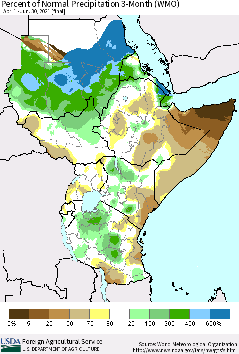 Eastern Africa Percent of Normal Precipitation 3-Month (WMO) Thematic Map For 4/1/2021 - 6/30/2021