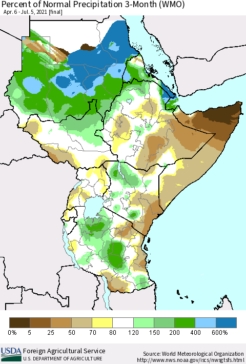 Eastern Africa Percent of Normal Precipitation 3-Month (WMO) Thematic Map For 4/6/2021 - 7/5/2021