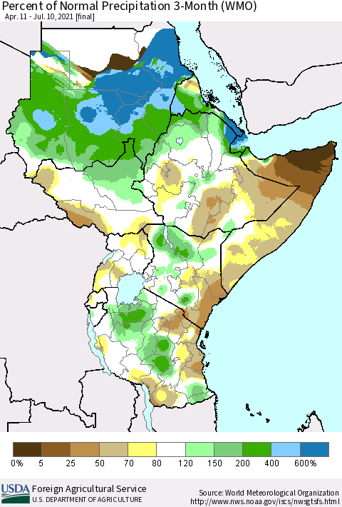 Eastern Africa Percent of Normal Precipitation 3-Month (WMO) Thematic Map For 4/11/2021 - 7/10/2021