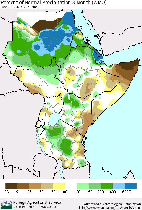 Eastern Africa Percent of Normal Precipitation 3-Month (WMO) Thematic Map For 4/16/2021 - 7/15/2021