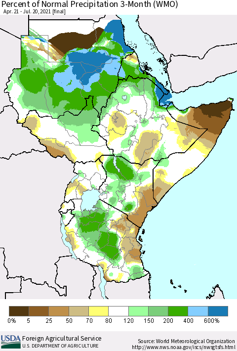 Eastern Africa Percent of Normal Precipitation 3-Month (WMO) Thematic Map For 4/21/2021 - 7/20/2021