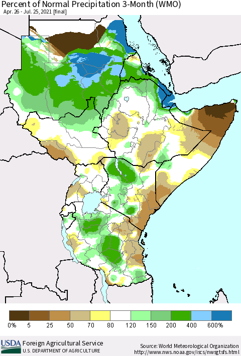 Eastern Africa Percent of Normal Precipitation 3-Month (WMO) Thematic Map For 4/26/2021 - 7/25/2021