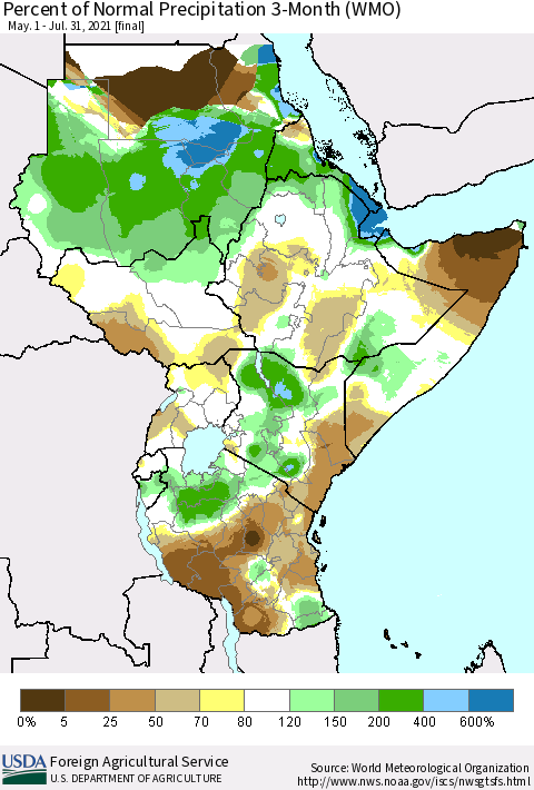 Eastern Africa Percent of Normal Precipitation 3-Month (WMO) Thematic Map For 5/1/2021 - 7/31/2021