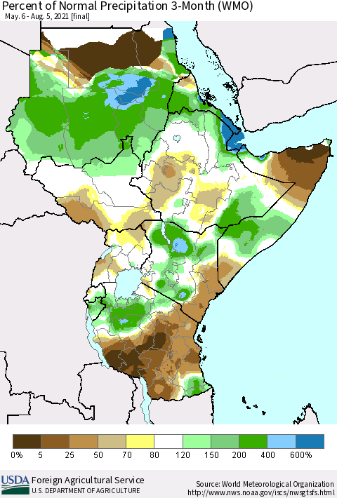 Eastern Africa Percent of Normal Precipitation 3-Month (WMO) Thematic Map For 5/6/2021 - 8/5/2021