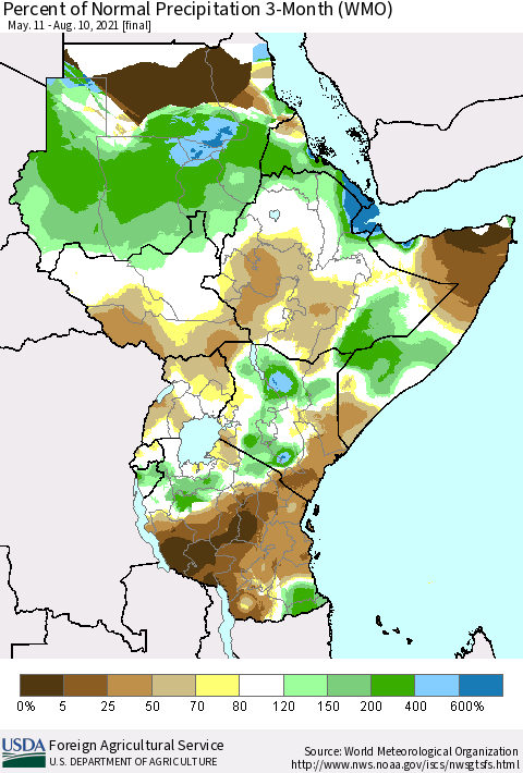 Eastern Africa Percent of Normal Precipitation 3-Month (WMO) Thematic Map For 5/11/2021 - 8/10/2021