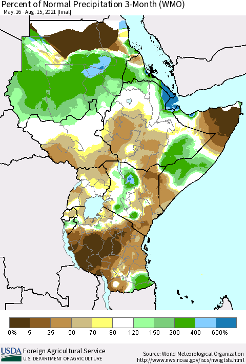Eastern Africa Percent of Normal Precipitation 3-Month (WMO) Thematic Map For 5/16/2021 - 8/15/2021