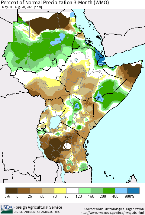 Eastern Africa Percent of Normal Precipitation 3-Month (WMO) Thematic Map For 5/21/2021 - 8/20/2021