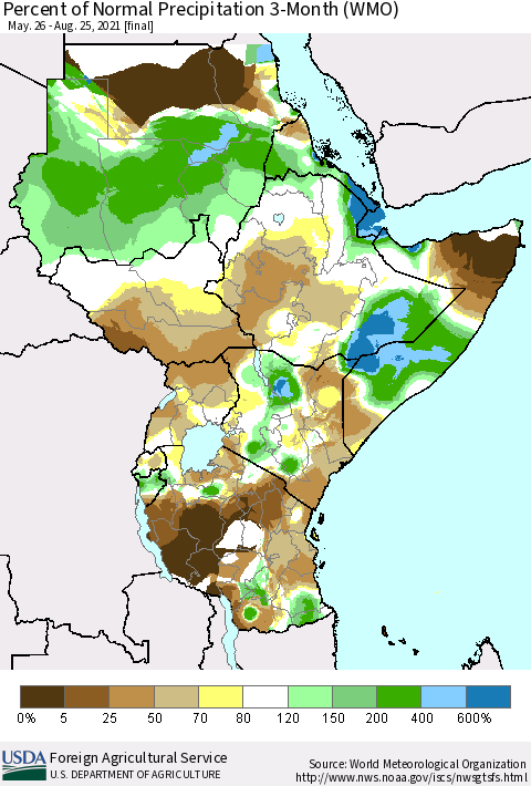 Eastern Africa Percent of Normal Precipitation 3-Month (WMO) Thematic Map For 5/26/2021 - 8/25/2021