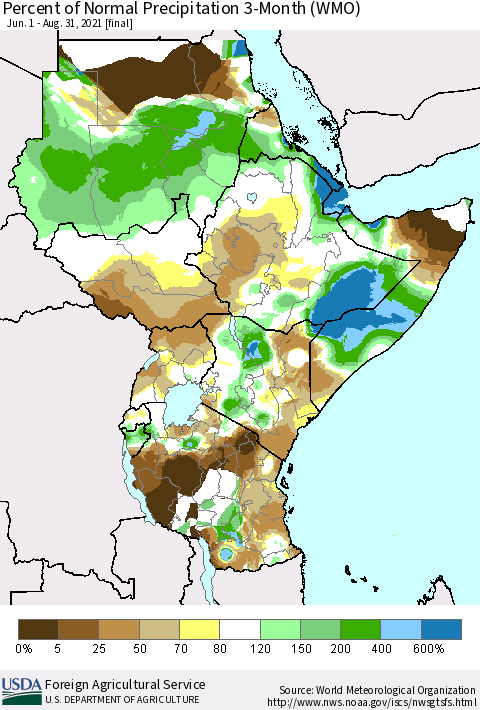 Eastern Africa Percent of Normal Precipitation 3-Month (WMO) Thematic Map For 6/1/2021 - 8/31/2021