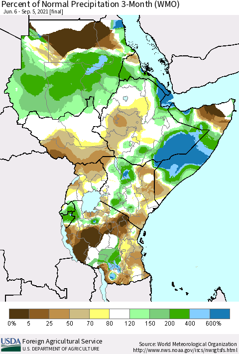 Eastern Africa Percent of Normal Precipitation 3-Month (WMO) Thematic Map For 6/6/2021 - 9/5/2021