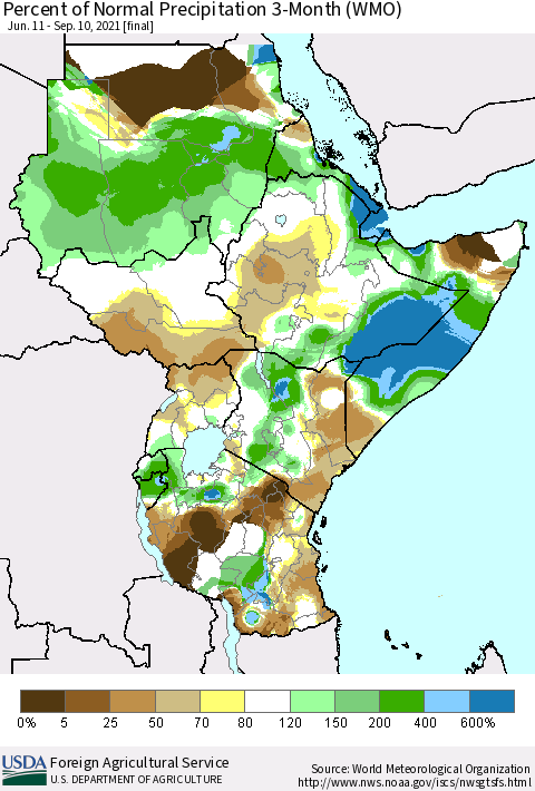 Eastern Africa Percent of Normal Precipitation 3-Month (WMO) Thematic Map For 6/11/2021 - 9/10/2021