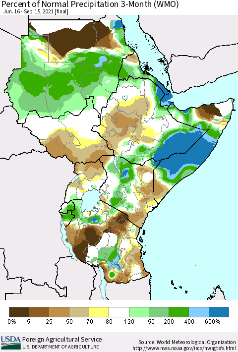 Eastern Africa Percent of Normal Precipitation 3-Month (WMO) Thematic Map For 6/16/2021 - 9/15/2021