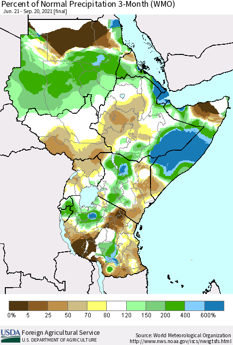 Eastern Africa Percent of Normal Precipitation 3-Month (WMO) Thematic Map For 6/21/2021 - 9/20/2021