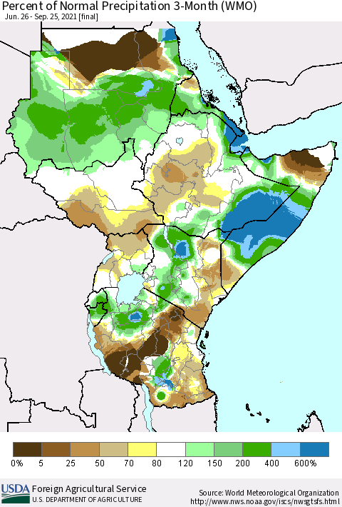 Eastern Africa Percent of Normal Precipitation 3-Month (WMO) Thematic Map For 6/26/2021 - 9/25/2021