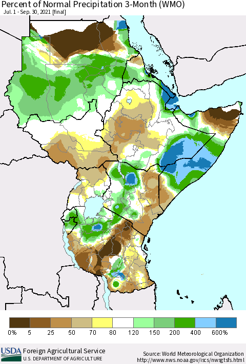 Eastern Africa Percent of Normal Precipitation 3-Month (WMO) Thematic Map For 7/1/2021 - 9/30/2021
