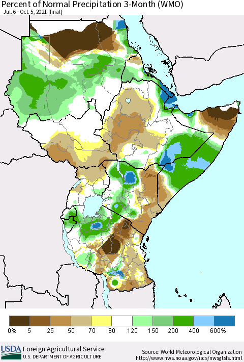 Eastern Africa Percent of Normal Precipitation 3-Month (WMO) Thematic Map For 7/6/2021 - 10/5/2021