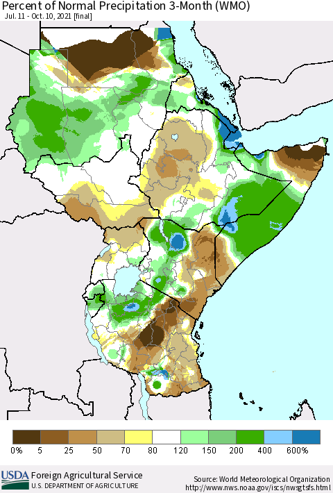 Eastern Africa Percent of Normal Precipitation 3-Month (WMO) Thematic Map For 7/11/2021 - 10/10/2021