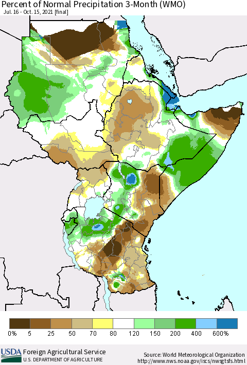 Eastern Africa Percent of Normal Precipitation 3-Month (WMO) Thematic Map For 7/16/2021 - 10/15/2021