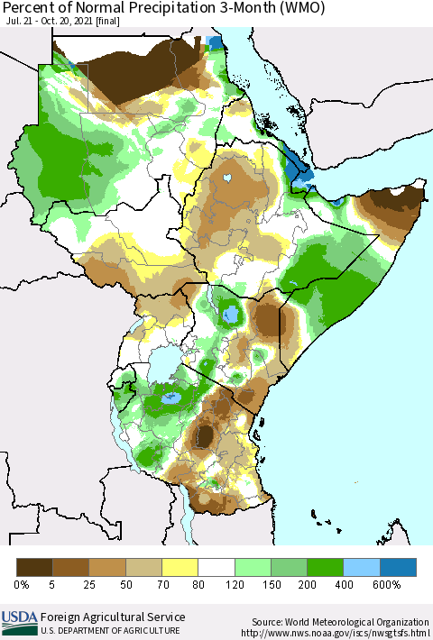 Eastern Africa Percent of Normal Precipitation 3-Month (WMO) Thematic Map For 7/21/2021 - 10/20/2021