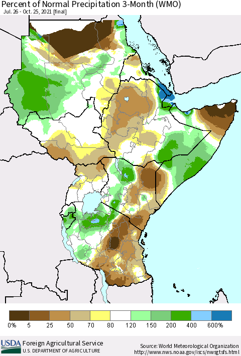 Eastern Africa Percent of Normal Precipitation 3-Month (WMO) Thematic Map For 7/26/2021 - 10/25/2021