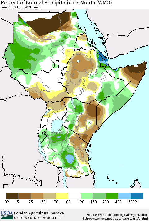Eastern Africa Percent of Normal Precipitation 3-Month (WMO) Thematic Map For 8/1/2021 - 10/31/2021
