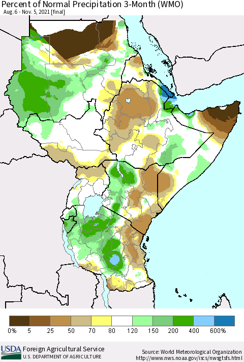 Eastern Africa Percent of Normal Precipitation 3-Month (WMO) Thematic Map For 8/6/2021 - 11/5/2021