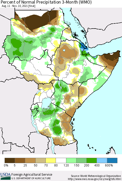 Eastern Africa Percent of Normal Precipitation 3-Month (WMO) Thematic Map For 8/11/2021 - 11/10/2021