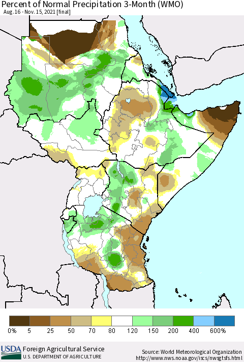 Eastern Africa Percent of Normal Precipitation 3-Month (WMO) Thematic Map For 8/16/2021 - 11/15/2021