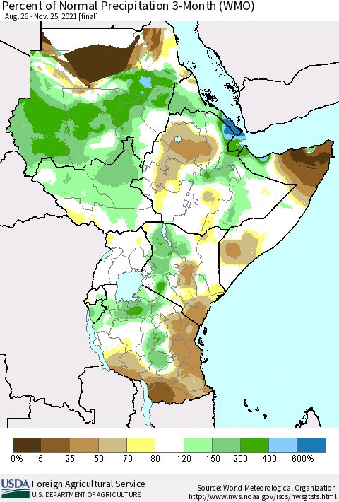 Eastern Africa Percent of Normal Precipitation 3-Month (WMO) Thematic Map For 8/26/2021 - 11/25/2021