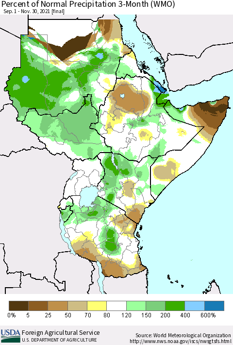 Eastern Africa Percent of Normal Precipitation 3-Month (WMO) Thematic Map For 9/1/2021 - 11/30/2021