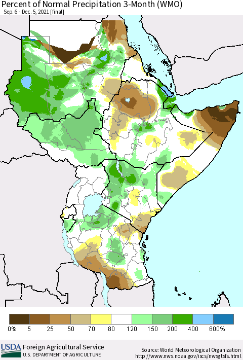 Eastern Africa Percent of Normal Precipitation 3-Month (WMO) Thematic Map For 9/6/2021 - 12/5/2021
