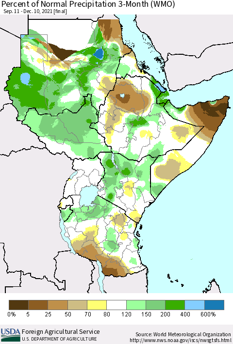 Eastern Africa Percent of Normal Precipitation 3-Month (WMO) Thematic Map For 9/11/2021 - 12/10/2021