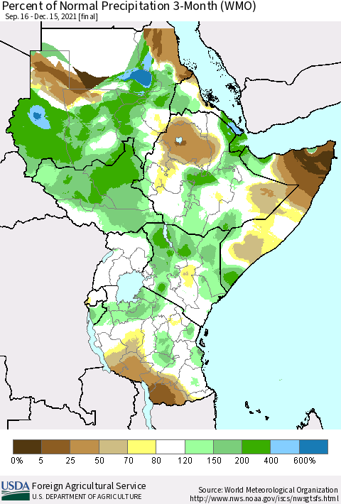 Eastern Africa Percent of Normal Precipitation 3-Month (WMO) Thematic Map For 9/16/2021 - 12/15/2021