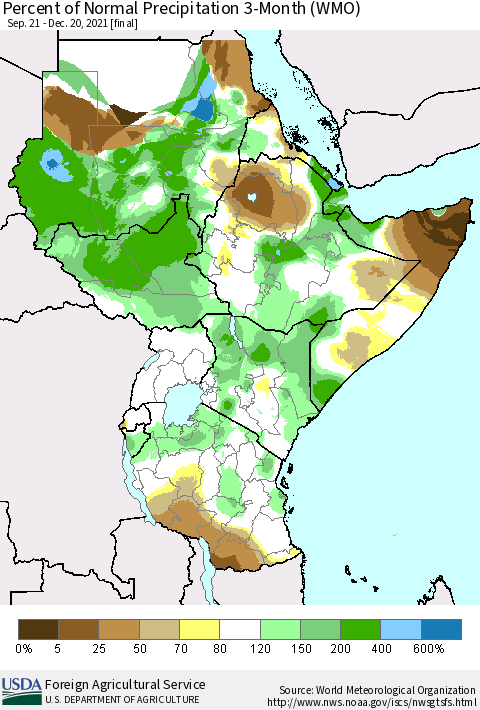 Eastern Africa Percent of Normal Precipitation 3-Month (WMO) Thematic Map For 9/21/2021 - 12/20/2021