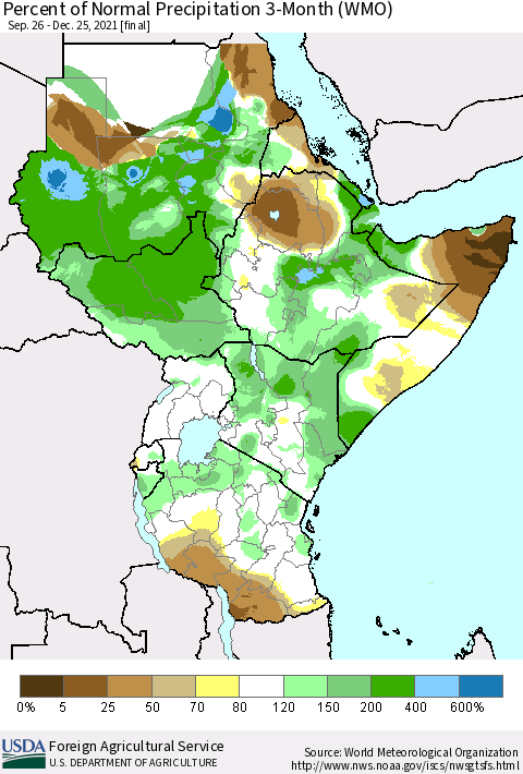 Eastern Africa Percent of Normal Precipitation 3-Month (WMO) Thematic Map For 9/26/2021 - 12/25/2021