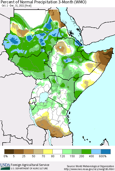 Eastern Africa Percent of Normal Precipitation 3-Month (WMO) Thematic Map For 10/1/2021 - 12/31/2021