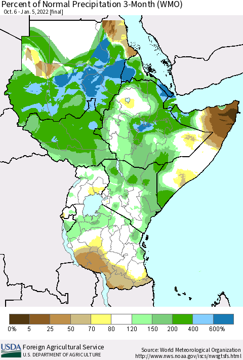 Eastern Africa Percent of Normal Precipitation 3-Month (WMO) Thematic Map For 10/6/2021 - 1/5/2022