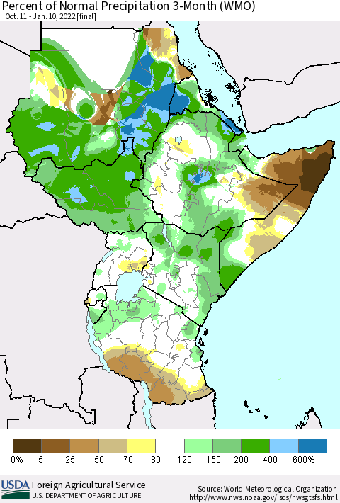 Eastern Africa Percent of Normal Precipitation 3-Month (WMO) Thematic Map For 10/11/2021 - 1/10/2022