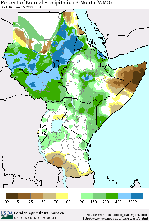 Eastern Africa Percent of Normal Precipitation 3-Month (WMO) Thematic Map For 10/16/2021 - 1/15/2022