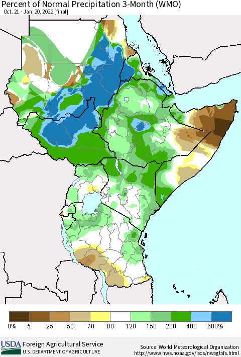 Eastern Africa Percent of Normal Precipitation 3-Month (WMO) Thematic Map For 10/21/2021 - 1/20/2022