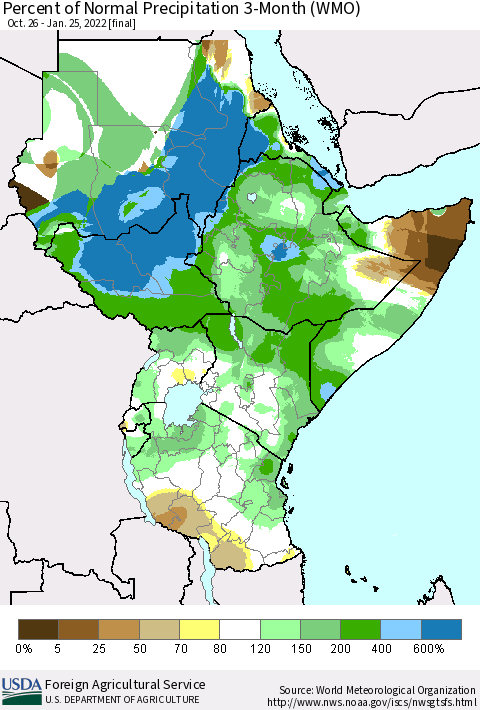 Eastern Africa Percent of Normal Precipitation 3-Month (WMO) Thematic Map For 10/26/2021 - 1/25/2022