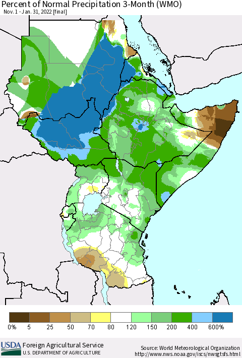 Eastern Africa Percent of Normal Precipitation 3-Month (WMO) Thematic Map For 11/1/2021 - 1/31/2022