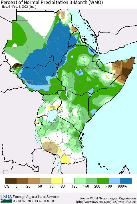 Eastern Africa Percent of Normal Precipitation 3-Month (WMO) Thematic Map For 11/6/2021 - 2/5/2022