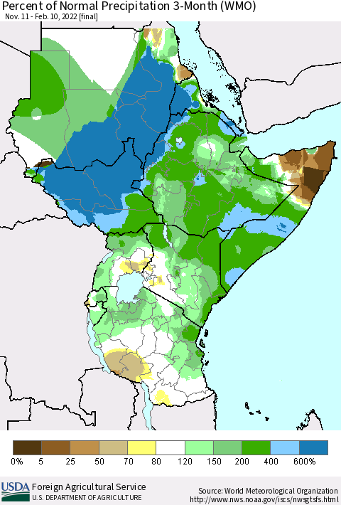 Eastern Africa Percent of Normal Precipitation 3-Month (WMO) Thematic Map For 11/11/2021 - 2/10/2022