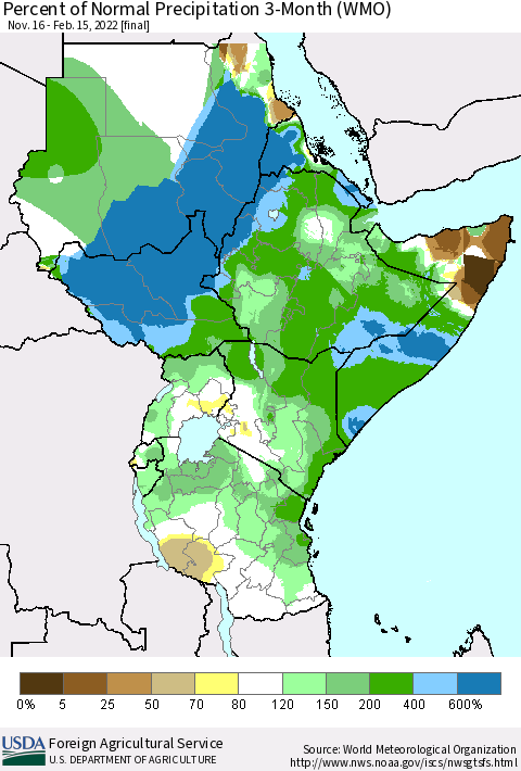 Eastern Africa Percent of Normal Precipitation 3-Month (WMO) Thematic Map For 11/16/2021 - 2/15/2022