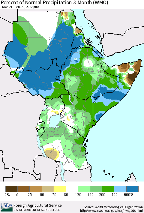 Eastern Africa Percent of Normal Precipitation 3-Month (WMO) Thematic Map For 11/21/2021 - 2/20/2022
