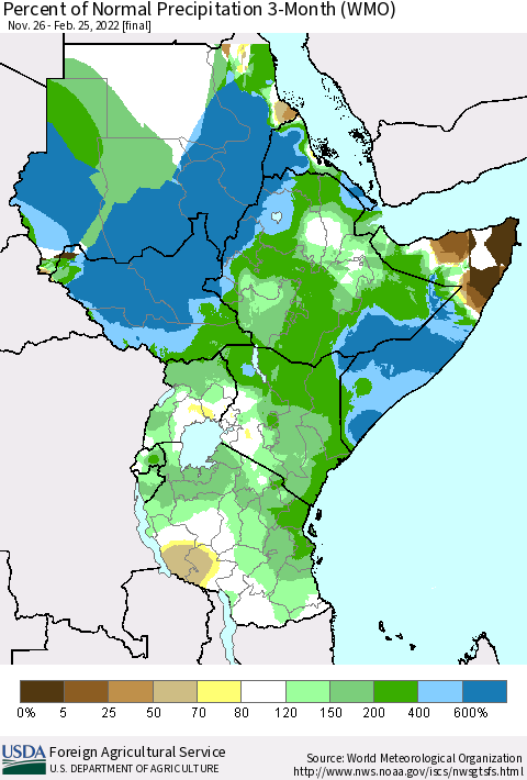 Eastern Africa Percent of Normal Precipitation 3-Month (WMO) Thematic Map For 11/26/2021 - 2/25/2022