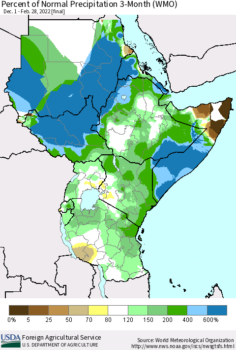 Eastern Africa Percent of Normal Precipitation 3-Month (WMO) Thematic Map For 12/1/2021 - 2/28/2022