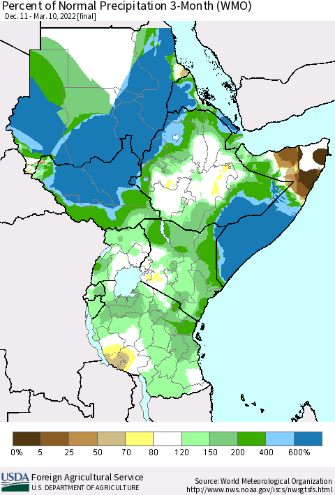Eastern Africa Percent of Normal Precipitation 3-Month (WMO) Thematic Map For 12/11/2021 - 3/10/2022
